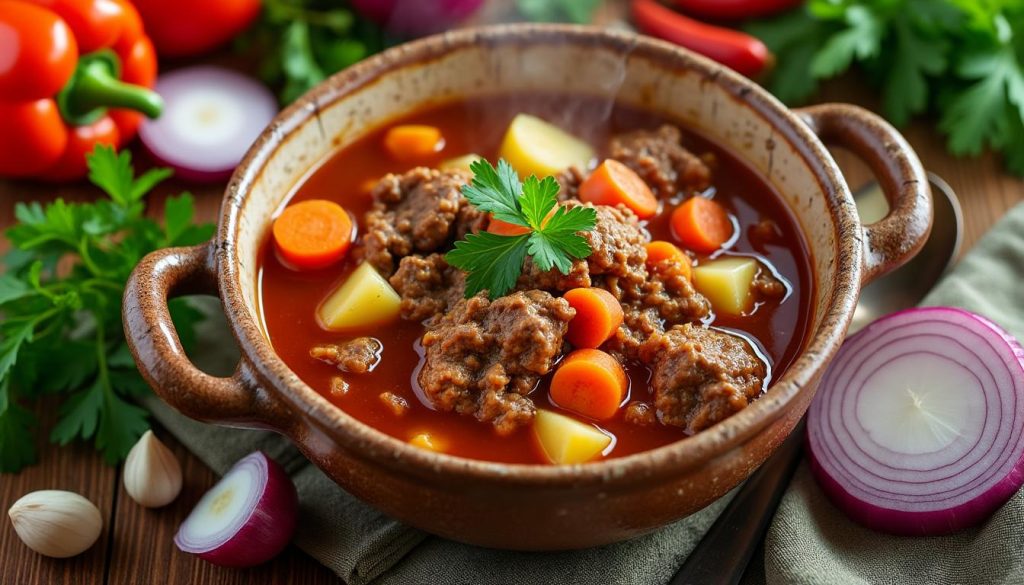 objevte recept na lahodnou gulášovou polévku s mletým masem, která zahřeje a potěší chuťové pohárky. snadná příprava a bohatá chuť pro každý den.