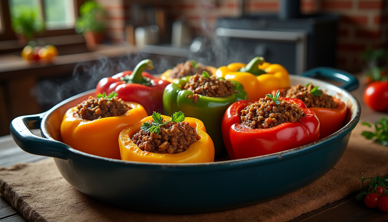 objevte snadný recept na chutné plněné papriky s mletým masem, které se pečou v troubě. perfektní domácí pokrm plný chutí a vůní.